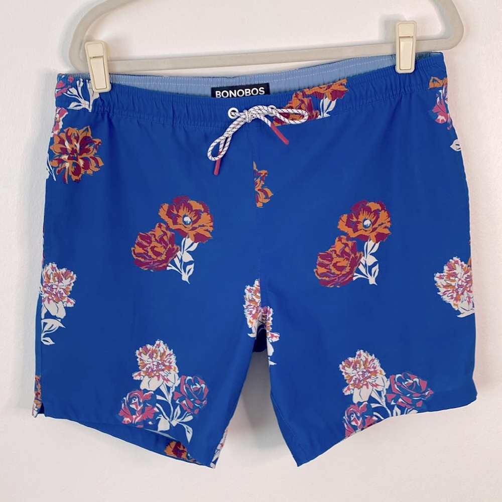 Bonobos Riviera Floral Print Recycled E-Waist Swim Trunks Blue